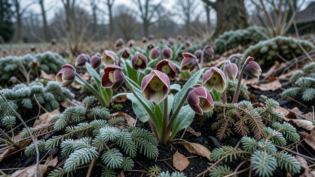 Hellebore Blooms in Frosty Conditions